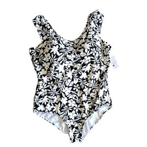 New Lands’ End Women’s 24W Swimsuit OnePiece Cap Sleeve Black White Floral
